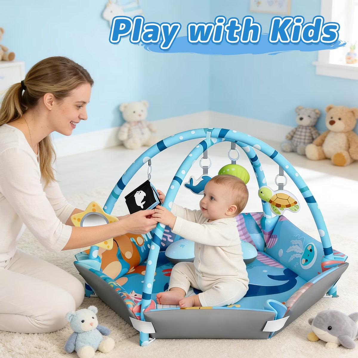 Baby Gym Play Mat, 8-In-1 Tummy Time Mat, Infant Play Gym with 6 Detachable Toys, Washable Activity Mat & Ball Pit, Baby Toys Gift for Ages 0-18M