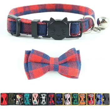 Cat Collar Breakaway with Bell and Bow Tie, Plaid Design