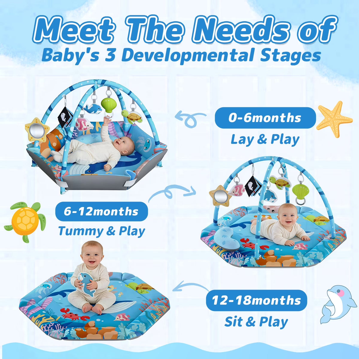 Baby Gym Play Mat, 8-In-1 Tummy Time Mat, Infant Play Gym with 6 Detachable Toys, Washable Activity Mat & Ball Pit, Baby Toys Gift for Ages 0-18M