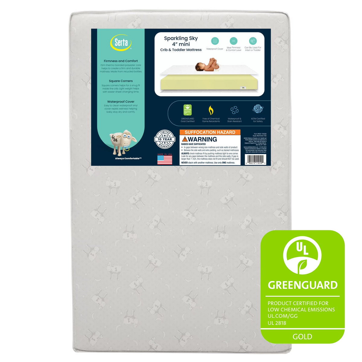 Sparkling Sky 4" Mini/Portable Dual Sided Crib & Toddler Mattress, GREENGUARD Gold Certified