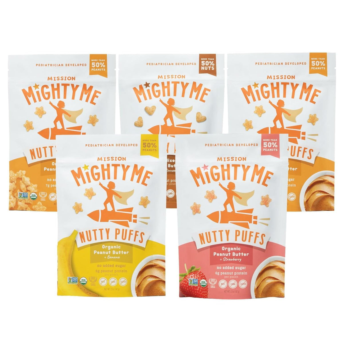 Nutty Puffs All-Flavor Variety Pack - Organic Peanut Butter and Mixed Nut Butter Puffs for Babies + Kids - Pediatrician Developed - USDA Organic, Plant-Based Protein, Gluten-Free Snack (1.5Oz, 5-Pack)